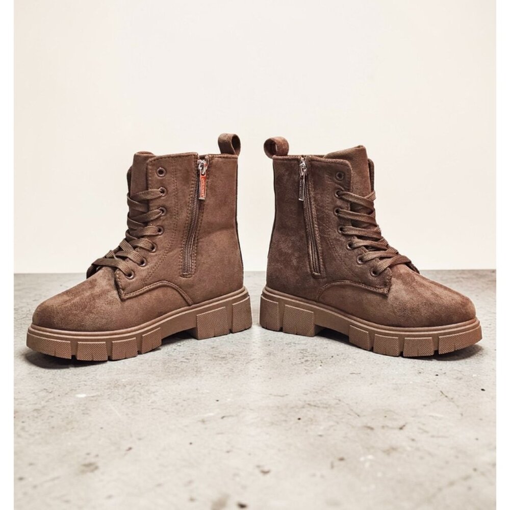 Nude Faux Suede Lace-Up Combat Boots With Side Zipper And Chunky Sole